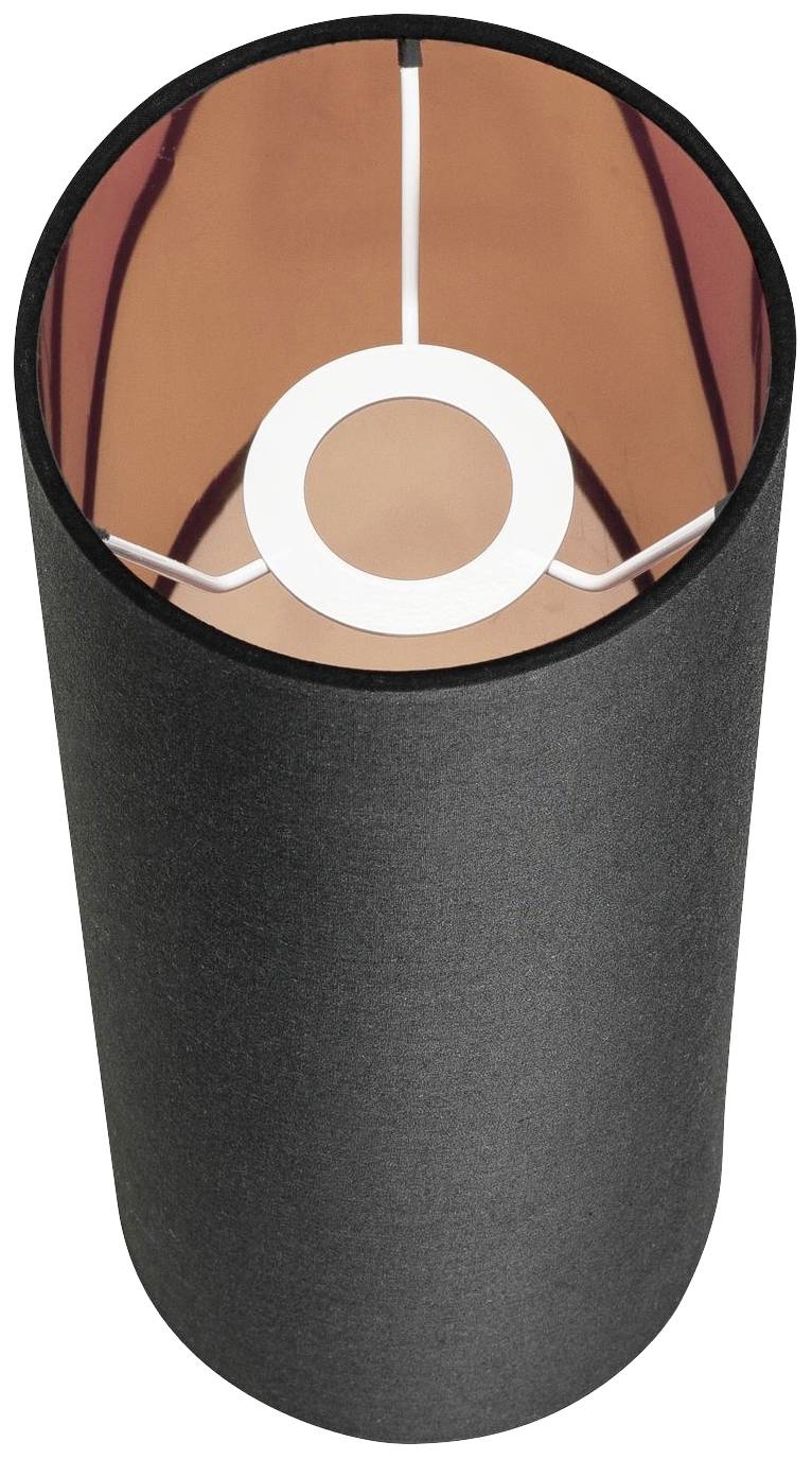 Eine zylindrische, schwarze Lampe mit kupferfarbenem Inneren, von oben betrachtet. Sie hat ein modernes und schlichtes Design.