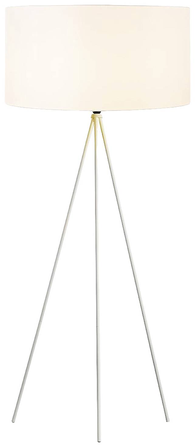 Stehlampe mit dreibeinigem Metallgestell und rundem, weißem Lampenschirm.