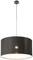 Eine schwarze, zylindrische Pendelleuchte mit sichtbarem Glühbirnenlicht, hängend an einem dünnen Kabel von einer Deckenbefestigung.