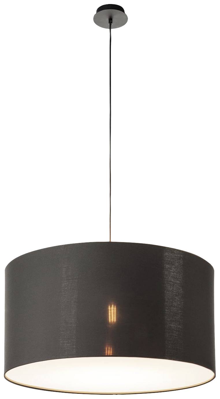 Schwarze Hängeleuchte mit zylindrischem Stoffschirm, leuchtet warm. Hängevorrichtung sichtbar, stilvolle Beleuchtung fürs Zimmer.
