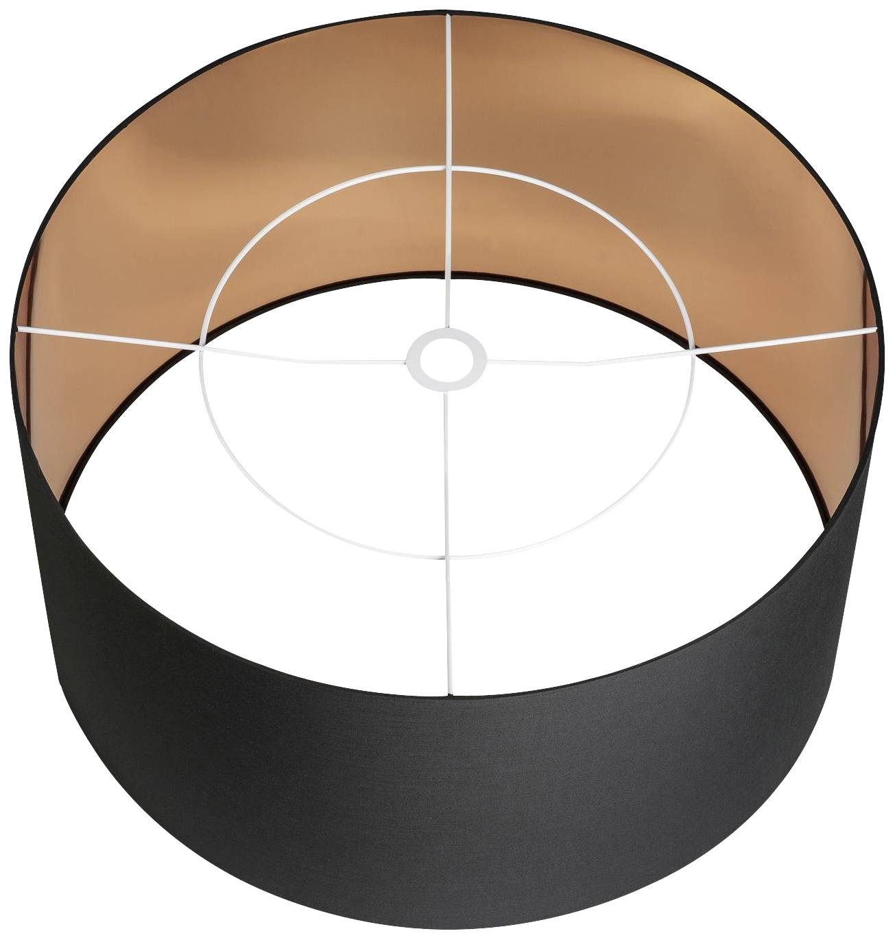 Schwarzer Lampenschirm mit weißem, kreisförmigem Gitternetz im Innern, zeigt das Innenleben einer Lichtquelle.