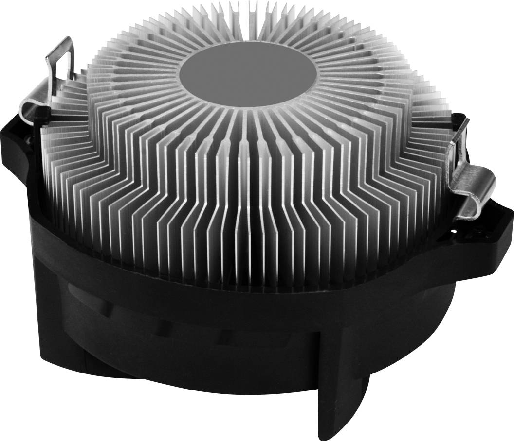 Ein zylindrischer CPU-Kühler mit metallischen Kühlrippen und schwarzem Kunststoffgehäuse. Speziell für die Wärmeableitung in Computern.