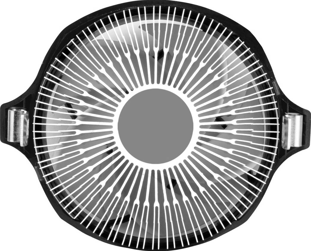 Eine schwarz-weiße Draufsicht eines runden Objekts mit strahlenförmigen Linien, das einer Schallplatte ähnelt.