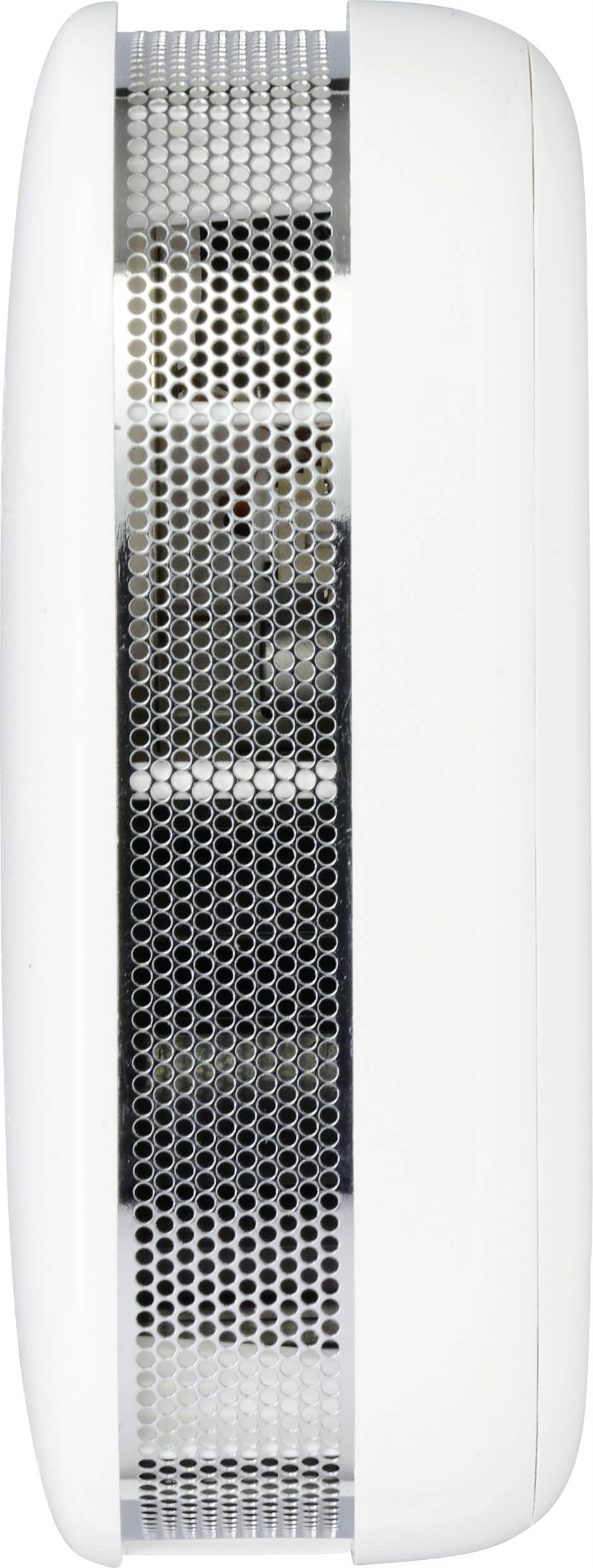 Seitenansicht eines weißen Rauchmelders mit einem belüfteten Metallgitter in der Mitte.