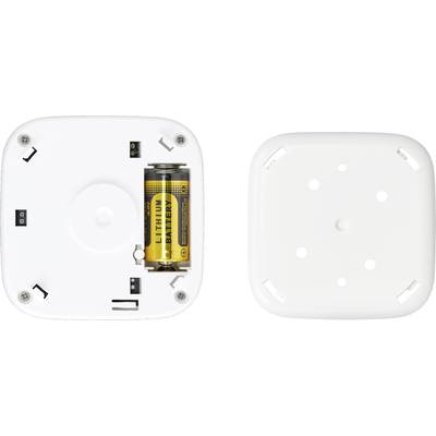 Rückseite eines quadratischen Geräts mit einem geöffneten Batteriefach links und einem geschlossenen Fach rechts, zeigt Lithiumbatterie.