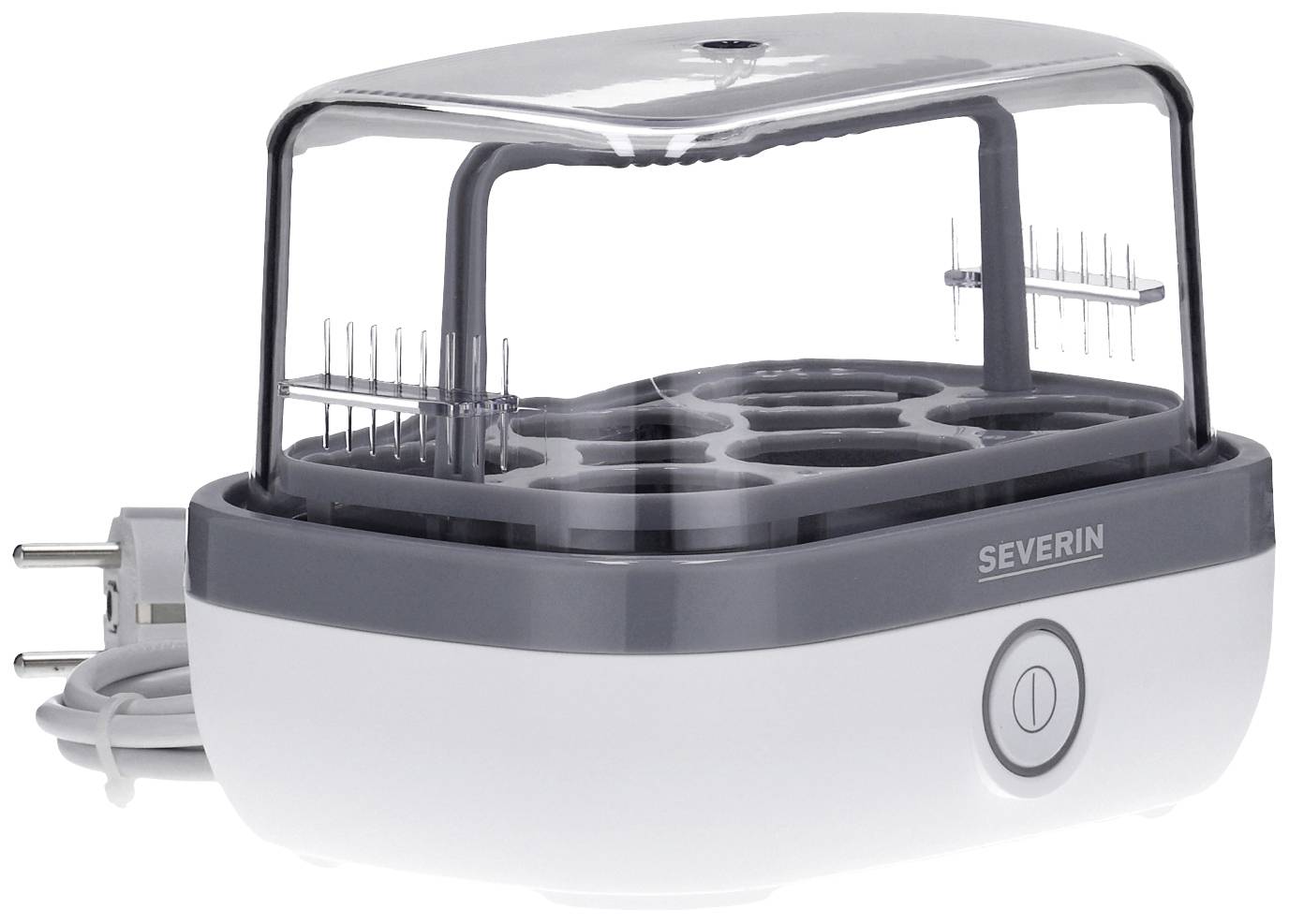 Ein elektrischer Eierkocher mit transparentem Deckel und Platz für sechs Eier. Der Schalter ist vorne angebracht. Model von Severin.