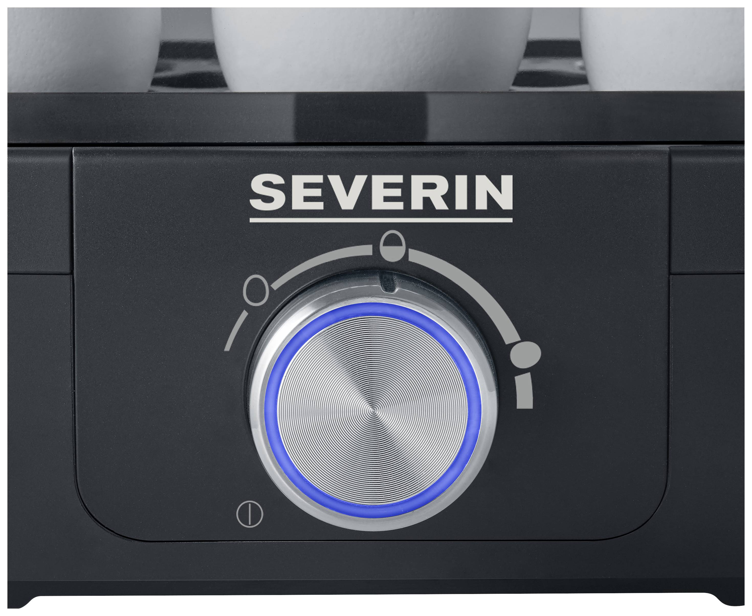 Ein Drehschalter an einem Gerät, beschriftet mit 'SEVERIN'. Der Knopf hat eine blaue LED-Beleuchtung und zeigt verschiedene Stufen an.