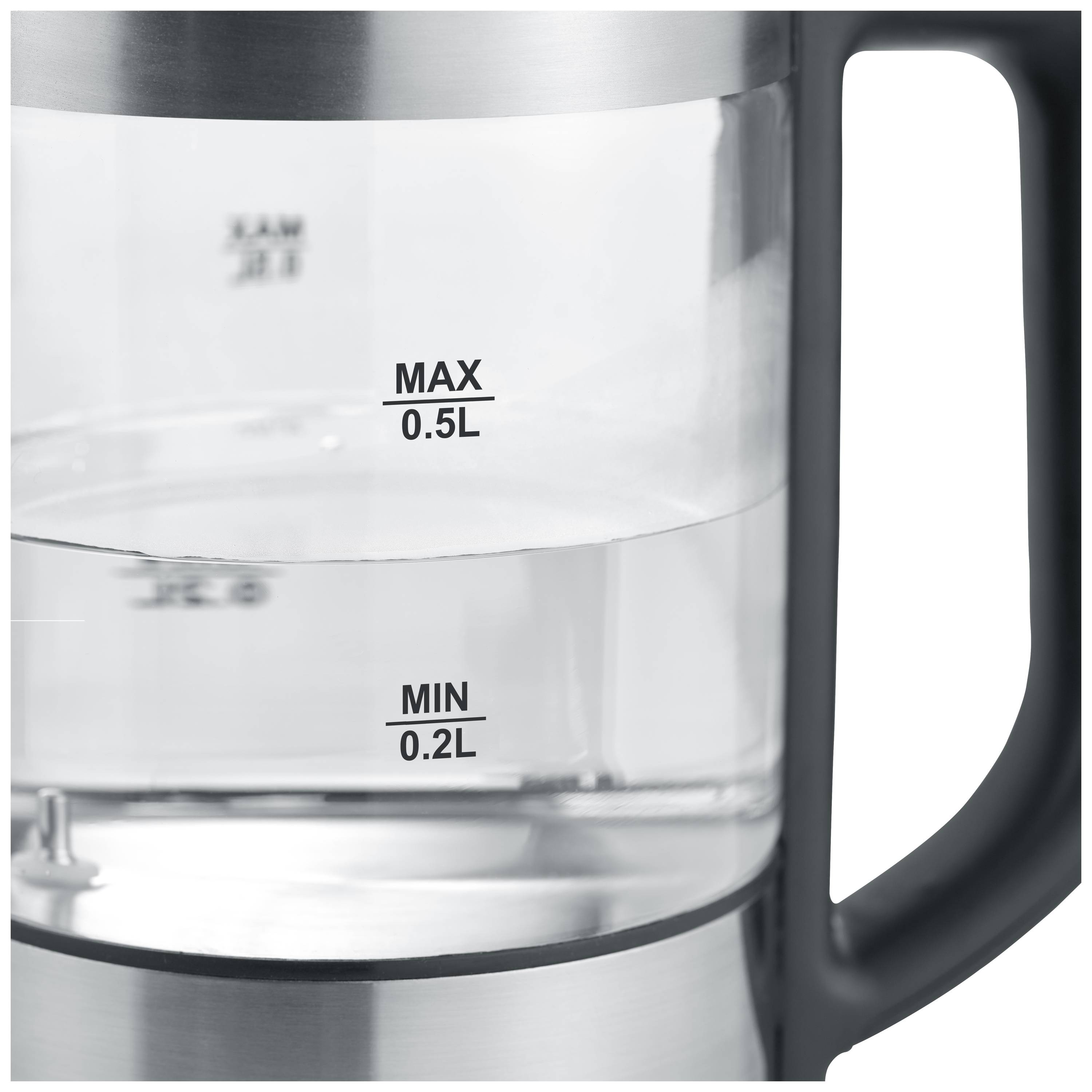 Ein Wasserkocher mit einer Füllstandsanzeige zeigt die maximale Kapazität von 0,5 Litern und die minimale Kapazität von 0,2 Litern an.