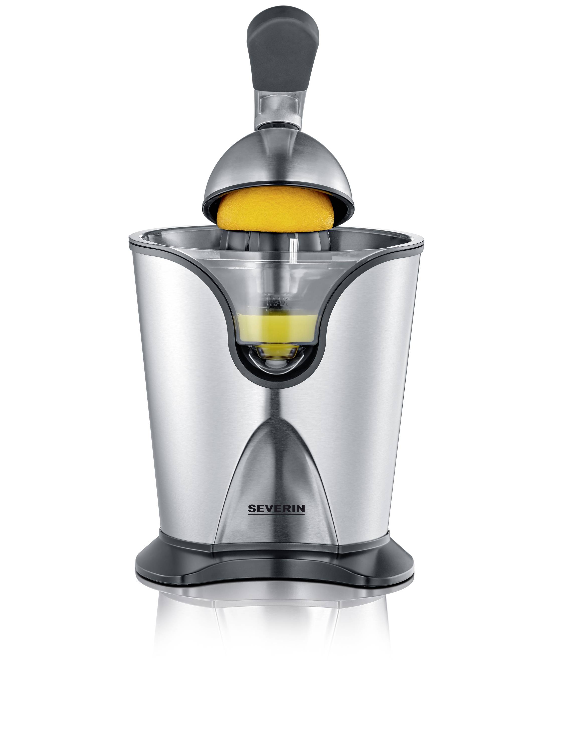 Elektrische Zitruspresse aus Edelstahl mit Hebelarm, eine halbe Orange oben eingelegt. Geeignet zum schnellen Entsaften.