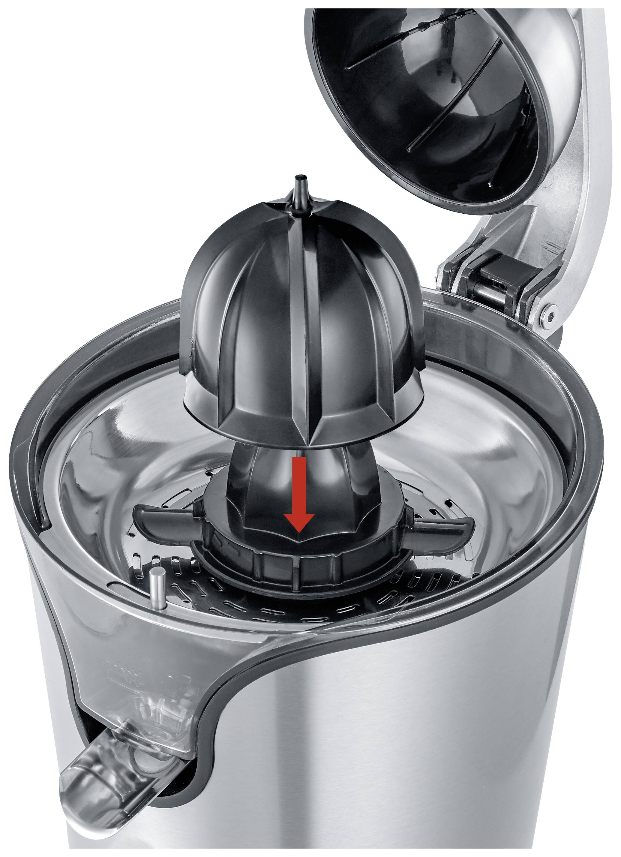 Entsafter mit geöffnetem Deckel und Presskegel, roter Pfeil zeigt Richtung der Fruchtpresse.