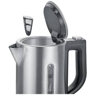 Ein Edelstahl-Wasserkocher mit geöffneter Klappe und herausnehmbarem Kalkfilter, zeigt maximalen Füllstandsanzeiger.