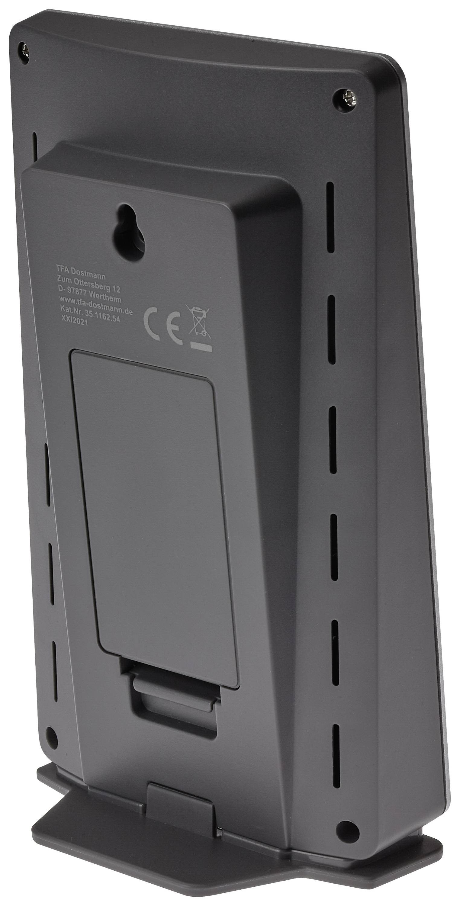 Ein schwarzer, quaderförmiger elektronischer Gerät mit Wandhalterungsoption und Batteriefach im hinteren Bereich.