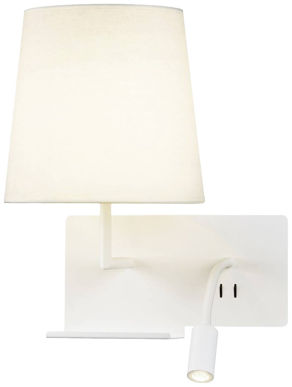 Weiße Wandleuchte mit zusätzlich integrierter kleiner Leselampe, die Licht nach unten abgibt. Geeignet für Schlafzimmer oder Wohnzimmer.