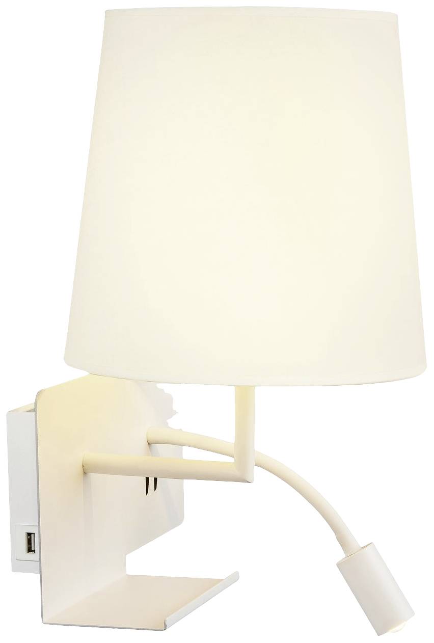 Weiße Wandlampe mit schwenkbarem Arm und USB-Anschluss, geeignet für Lesebereiche in Schlafzimmern oder Wohnzimmern.