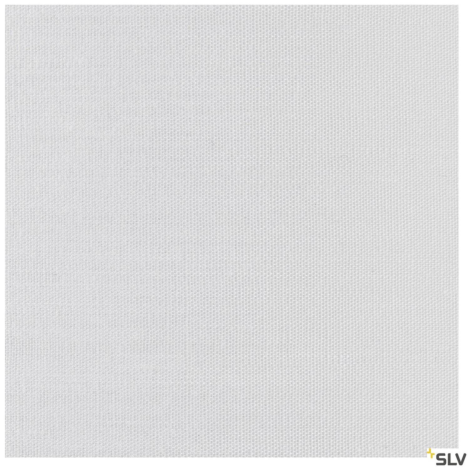 Weiße quadratische Plane mit feiner Textur und kleinem Logo in der Ecke.