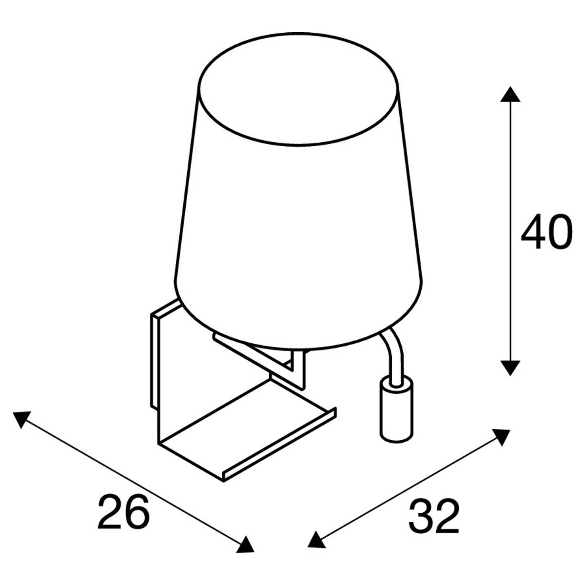 Isometrische Zeichnung einer Tischlampe mit Lampenschirm und gebogenem Arm, Maße: Höhe 40 cm, Breite 26 cm, Tiefe 32 cm.