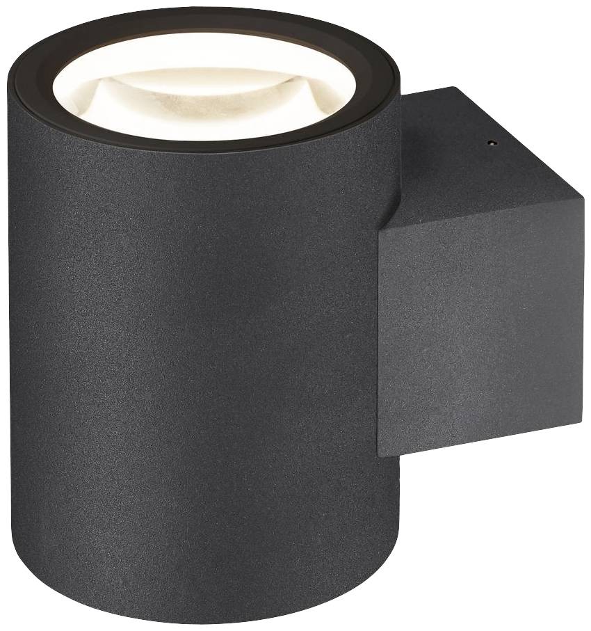 Zylinderförmige schwarze Wandleuchte für den Außenbereich mit nach unten gerichteter Lichtquelle. Modernes Design, wetterfest.