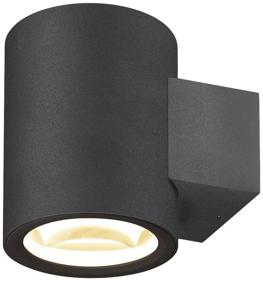 Schwarze, zylindrische Außenlampe mit nach unten gerichtetem, warmweißem Licht; ideal für die Wandmontage.