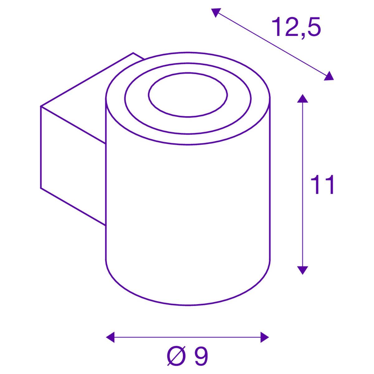 Zylindrisches Bauteil mit rechteckigem Ansatz, Durchmesser 9, Höhe 11, Tiefe 12,5. Lila Strichzeichnung zeigt Maße in Millimetern.