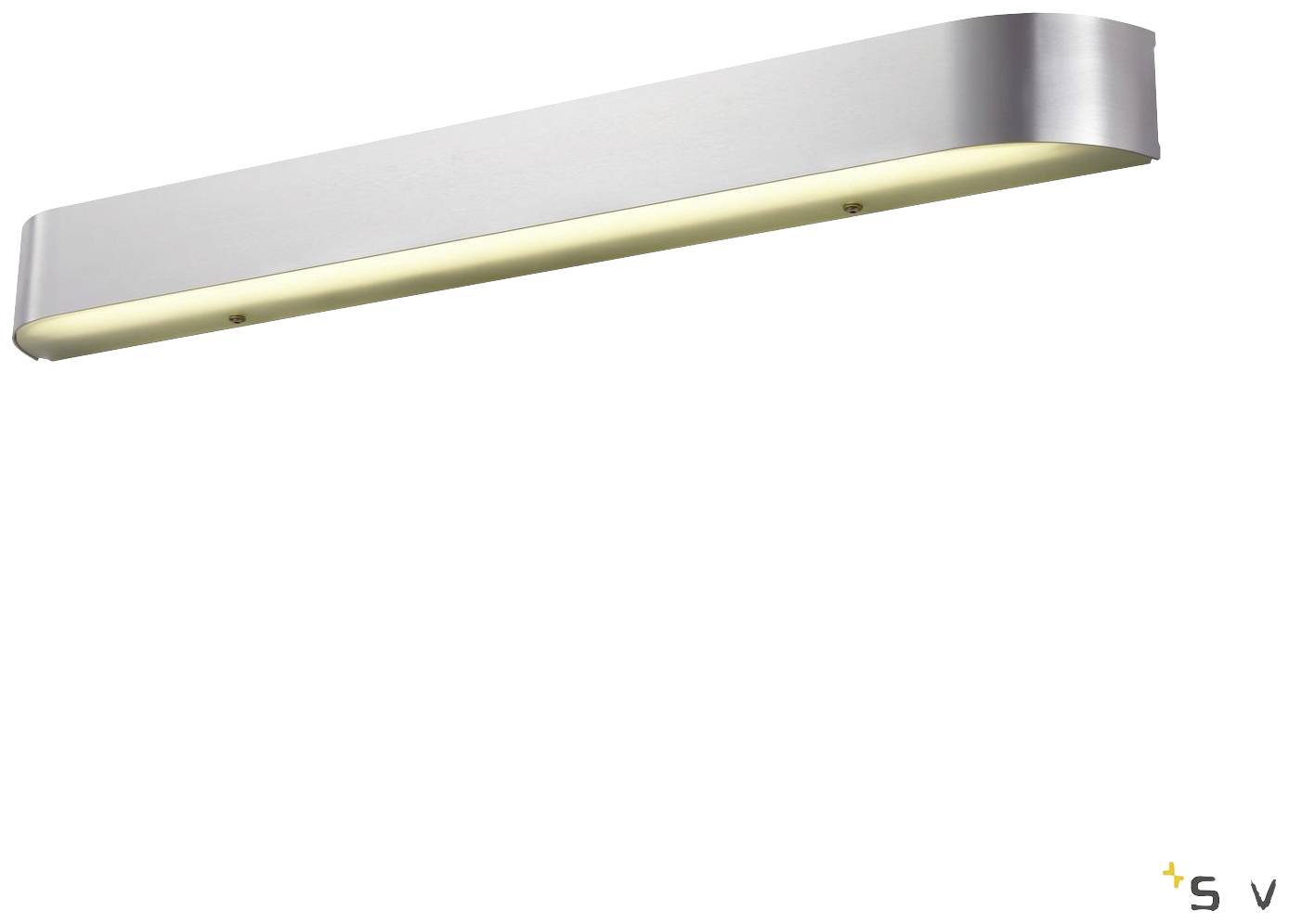 Wandlampe mit modernem, langgestrecktem Design und gebürstetem Metallfinish, leuchtet warmes Licht aus. Geeignet für Innenräume.