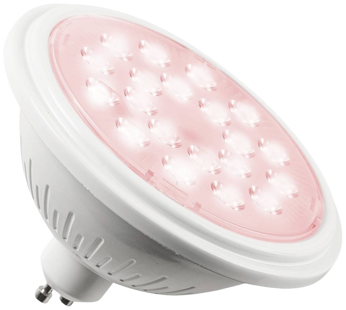 Eine runde, weiße LED-Lampe mit rosa Licht, 18 LEDs sichtbar. Seitenansicht zeigt Steckverbindung unten. Geeignet für Beleuchtung.