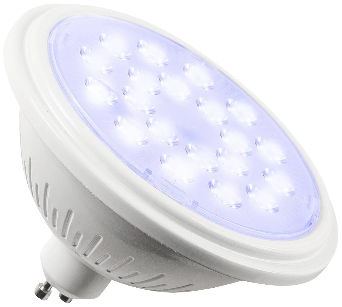 Eine runde LED-Lampe mit 16 leuchtenden Dioden, strahlt bläulich-weißes Licht aus. Die Lampe hat einen GU10-Sockel.