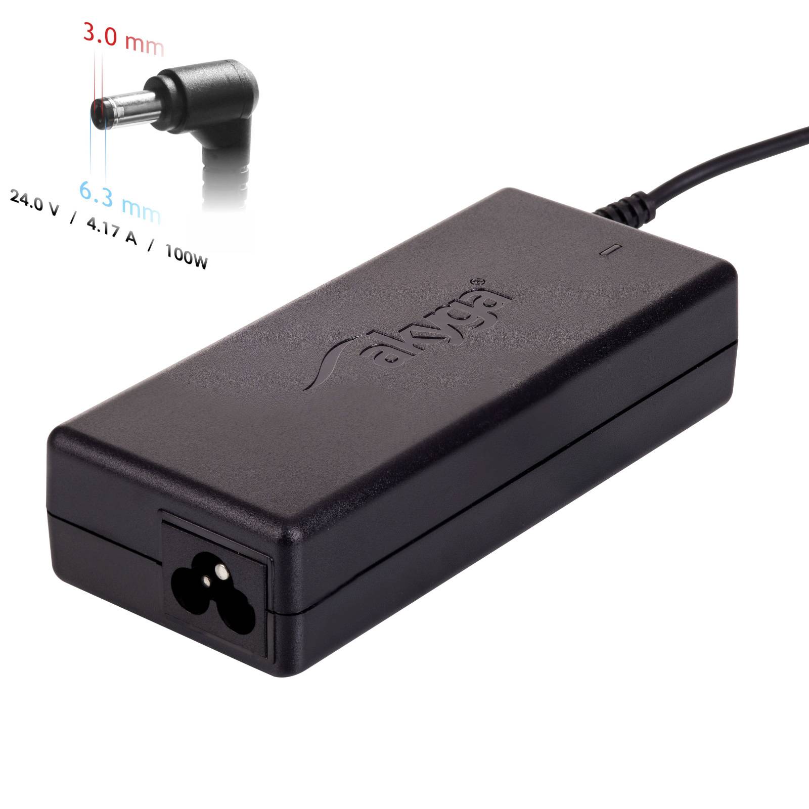 Externer schwarzer Laptop-Netzadapter mit drei Pins. Text zeigt 24,0V/4,17A/100W. Zwei Steckergrößen sind dargestellt: 3,0 mm und 6,3 mm.