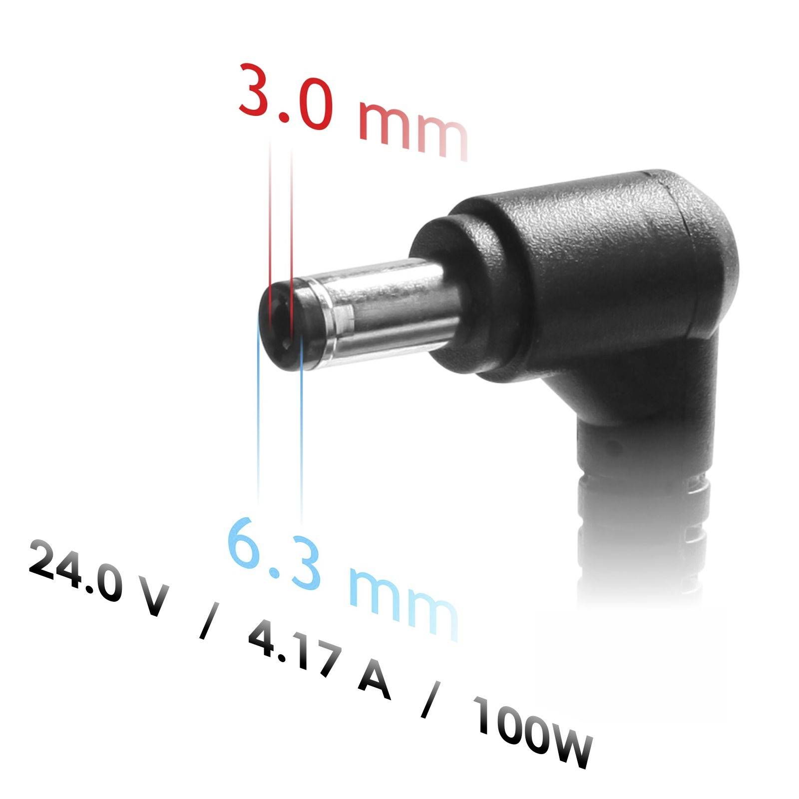 Ein schwarzer 90-Grad-Stecker mit den Maßen: 3,0 mm Innendurchmesser, 6,3 mm Außendurchmesser. Spannung: 24,0 V; Strom: 4,17 A; Leistung: 100 W.
