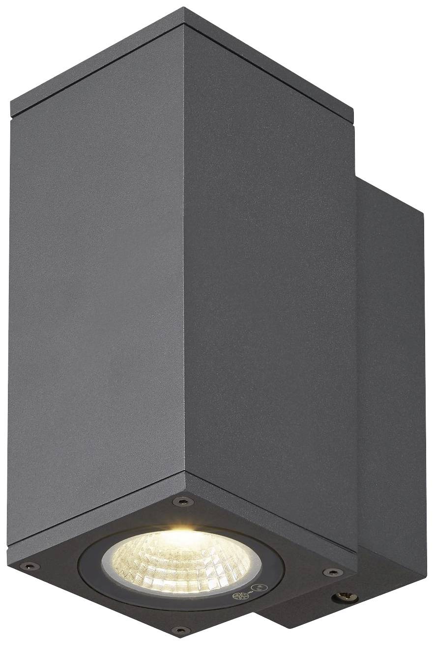 Eine moderne, rechteckige, schwarze Außenleuchte mit nach unten strahlendem Licht. Ideal für Fassadenbeleuchtung.