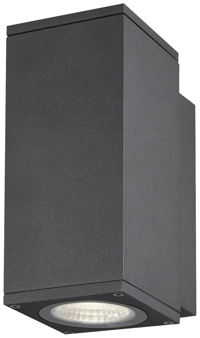 Eine quadratische schwarze LED-Außenleuchte mit schlichtem Design für Wandmontage. Geeignet für moderne und minimalistische Umgebungen.