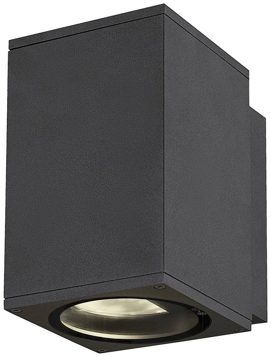 Schwarze quadratische Außenleuchte mit nach unten gerichteter Glühbirne, geeignet für Wandmontage. Modernes und schlichtes Design.