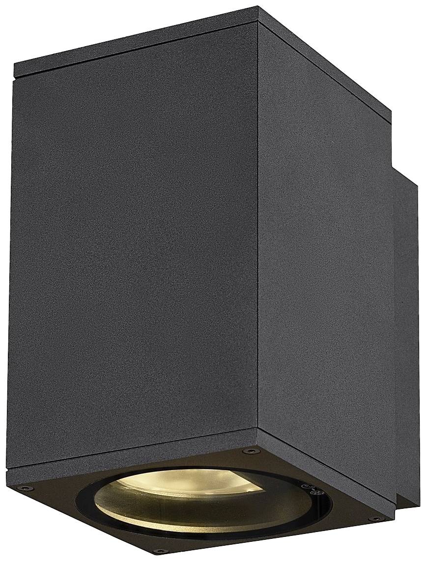 Schwarze, rechteckige Außenwandleuchte mit nach unten gerichtetem Lichtaustritt.