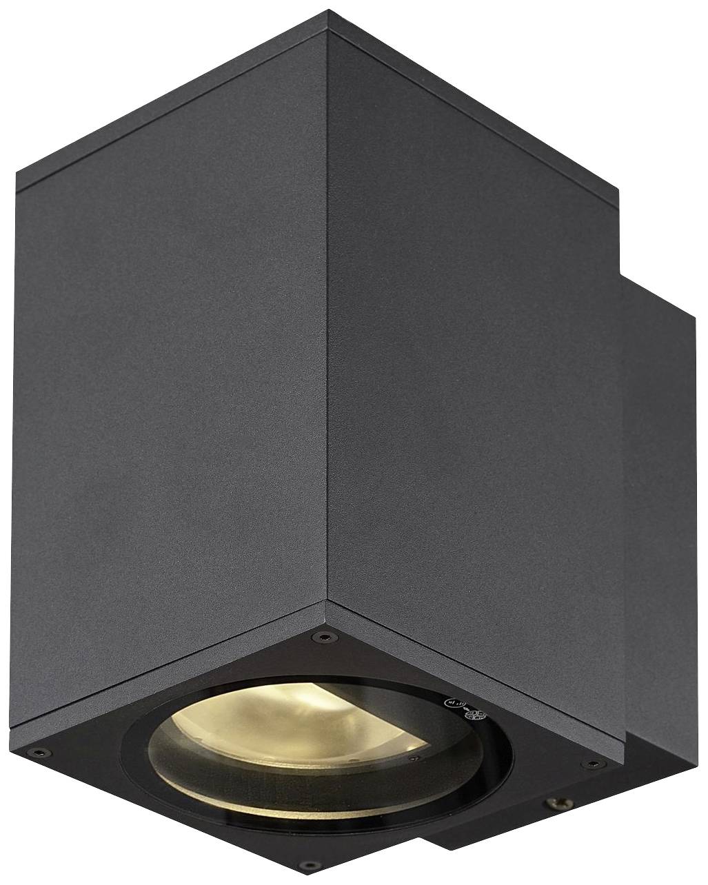 Schwarze, quadratische Außenleuchte mit nach unten gerichtetem Lichtstrahl. Geeignet für die Wandmontage, modern und minimalistisch im Design.