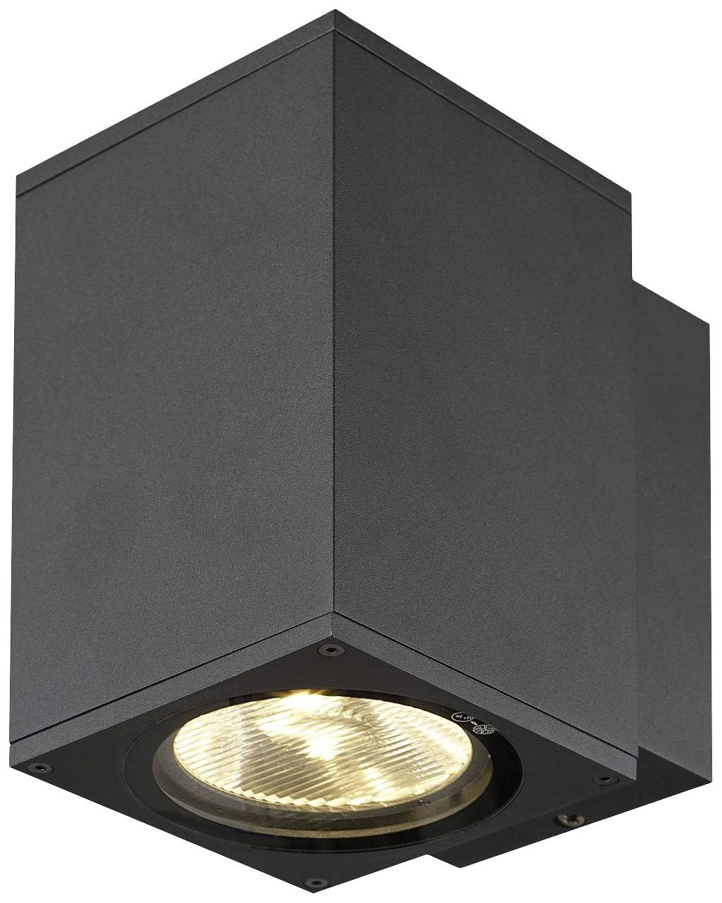 Schwarze, würfelförmige Deckenleuchte mit sichtbarer Glühbirne. Minimalistisches Design für moderne Innenräume.
