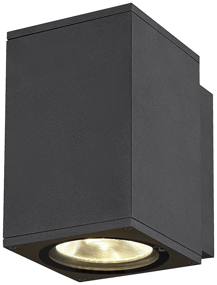 Schwarze, rechteckige Wandlampe mit zylinderförmigem Leuchtmittel, nach unten strahlend, geeignet für moderne Außenbeleuchtung.