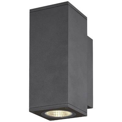 Schwarze, rechteckige Außenwandleuchte mit nach unten gerichtetem Lichtkegel. Modernes Design, geeignet zur Fassadenbeleuchtung.