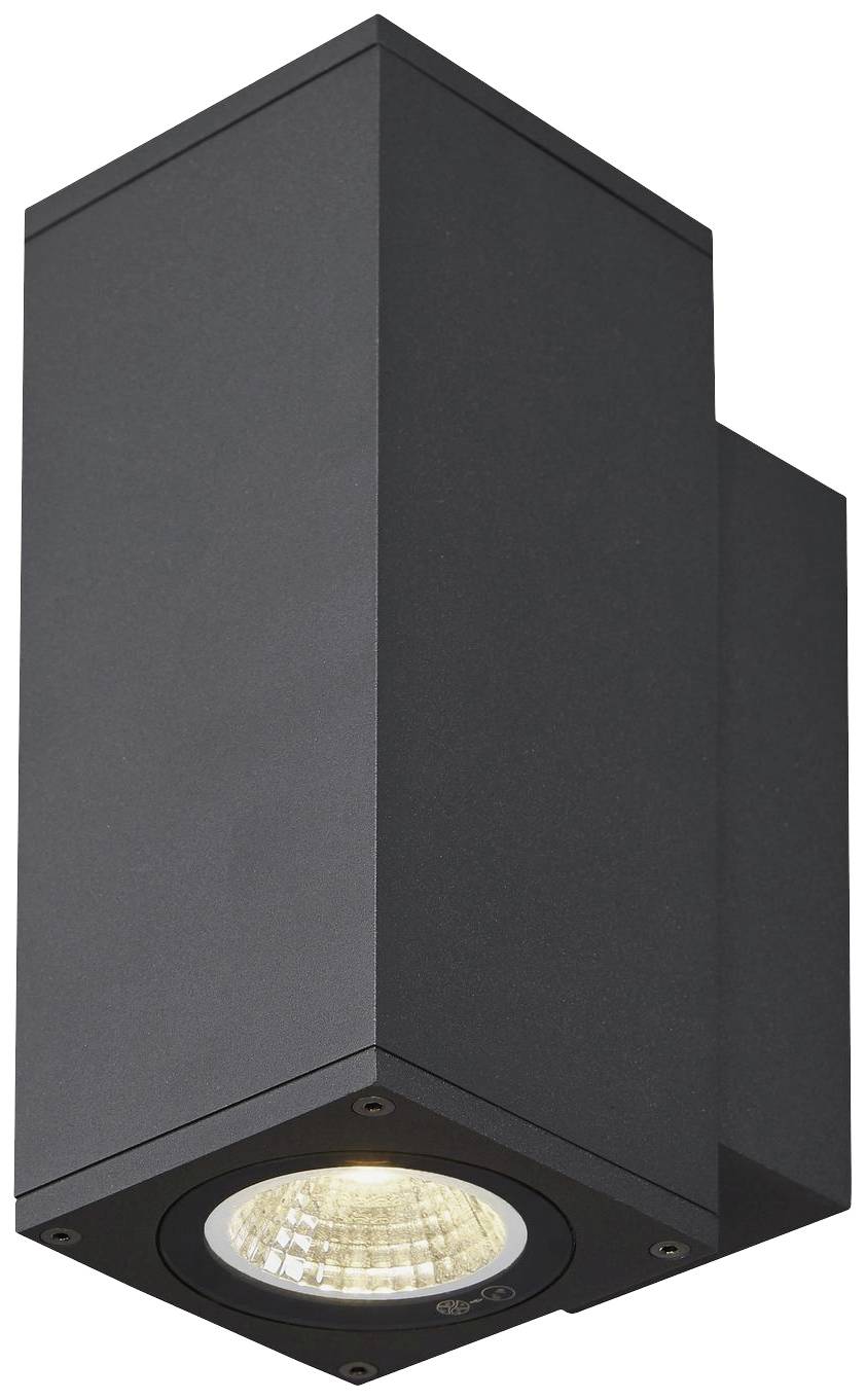 Eine schwarze, moderne Außenleuchte in rechteckiger Form mit einem sichtbaren Glühbirnensockel unten.