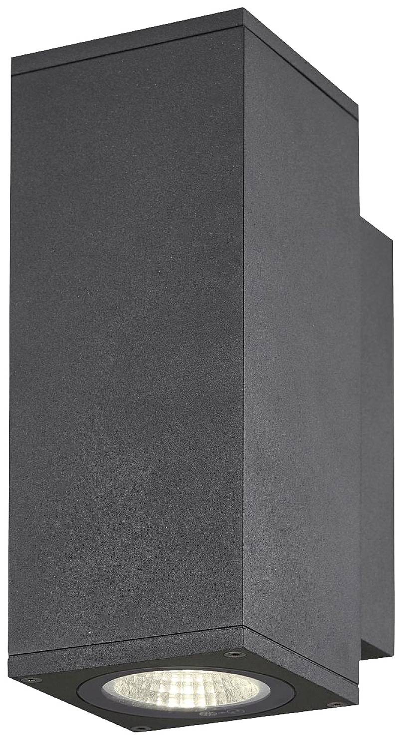 Eine moderne, schwarze Außenwandleuchte mit rechteckigem Gehäuse und nach unten gerichtetem Licht. Ideal für Fassadenbeleuchtung.