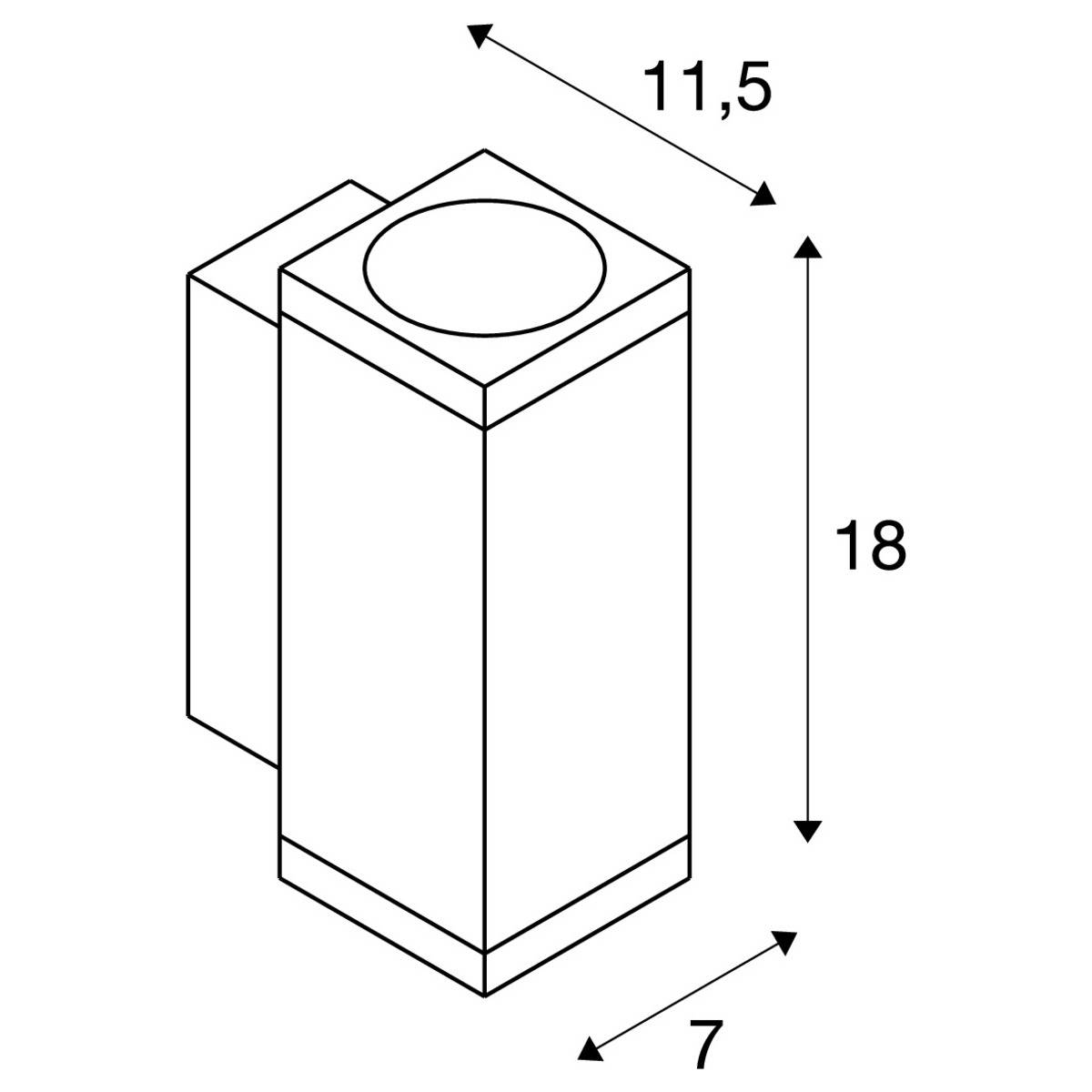 Skizze eines rechteckigen Blocks, Maße: Höhe 18 cm, Breite 7 cm, Tiefe 11,5 cm, Kreisfläche an der Vorderseite.