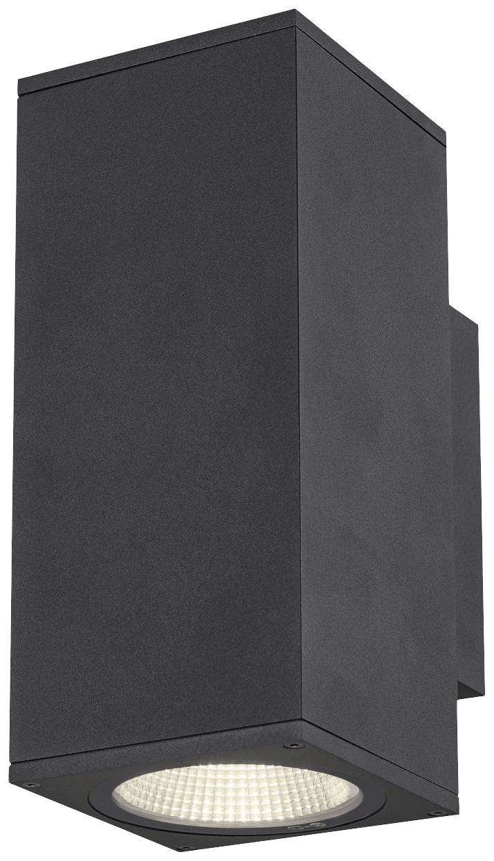 Eine schwarze, rechteckige Wandleuchte mit LED-Lichtquelle, die nach unten abstrahlt.