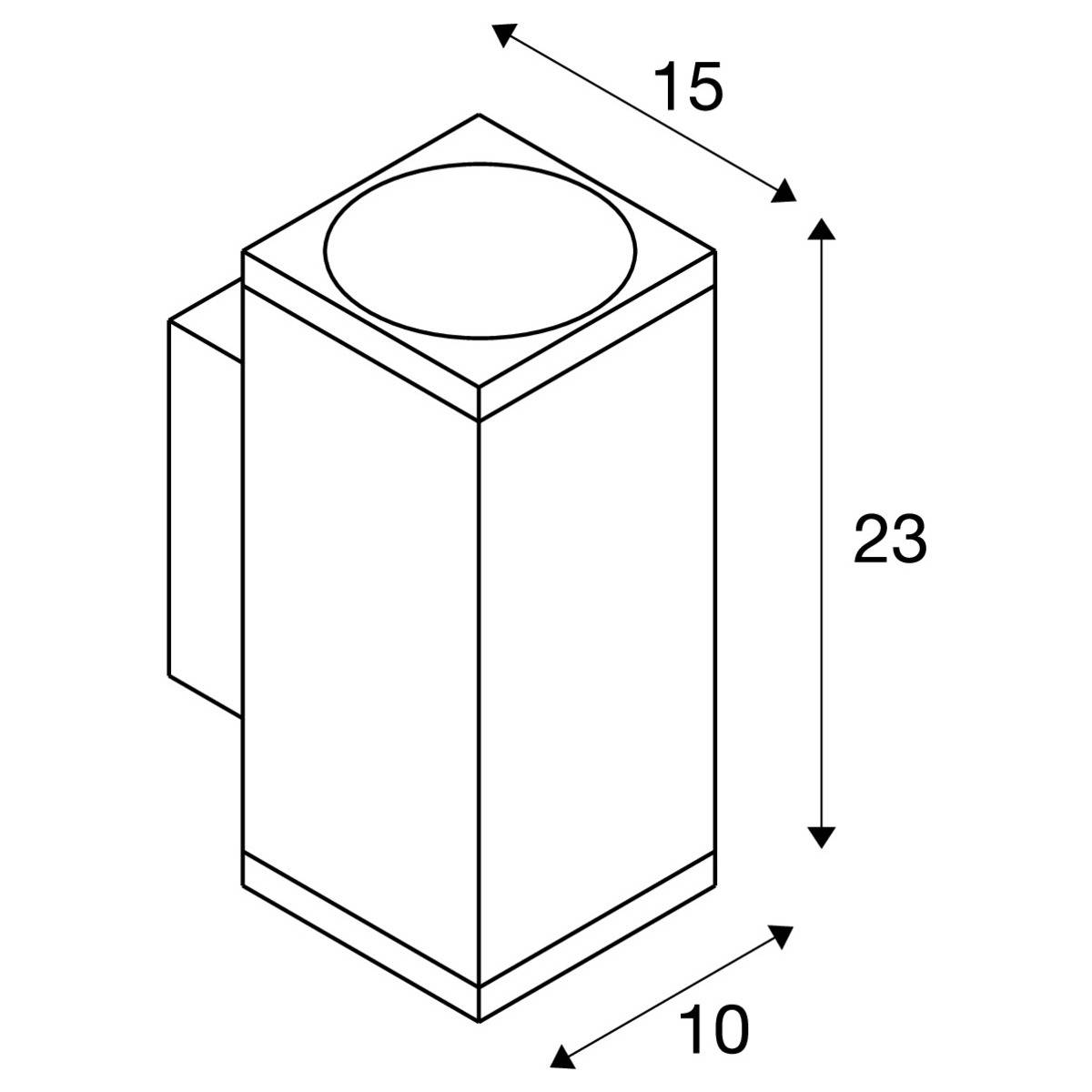 Seitenansicht einer rechteckigen, vertikal stehenden Box mit Griff links. Maße: 15 cm Breite, 23 cm Höhe, 10 cm Tiefe.