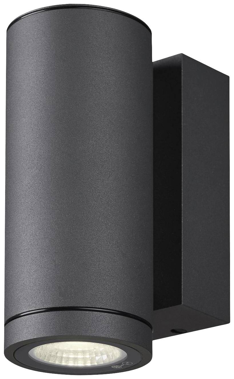 Eine moderne, schwarze zylindrische Außenleuchte mit nach unten gerichtetem Licht. Ideal für Terrassen oder Eingangsbereiche.