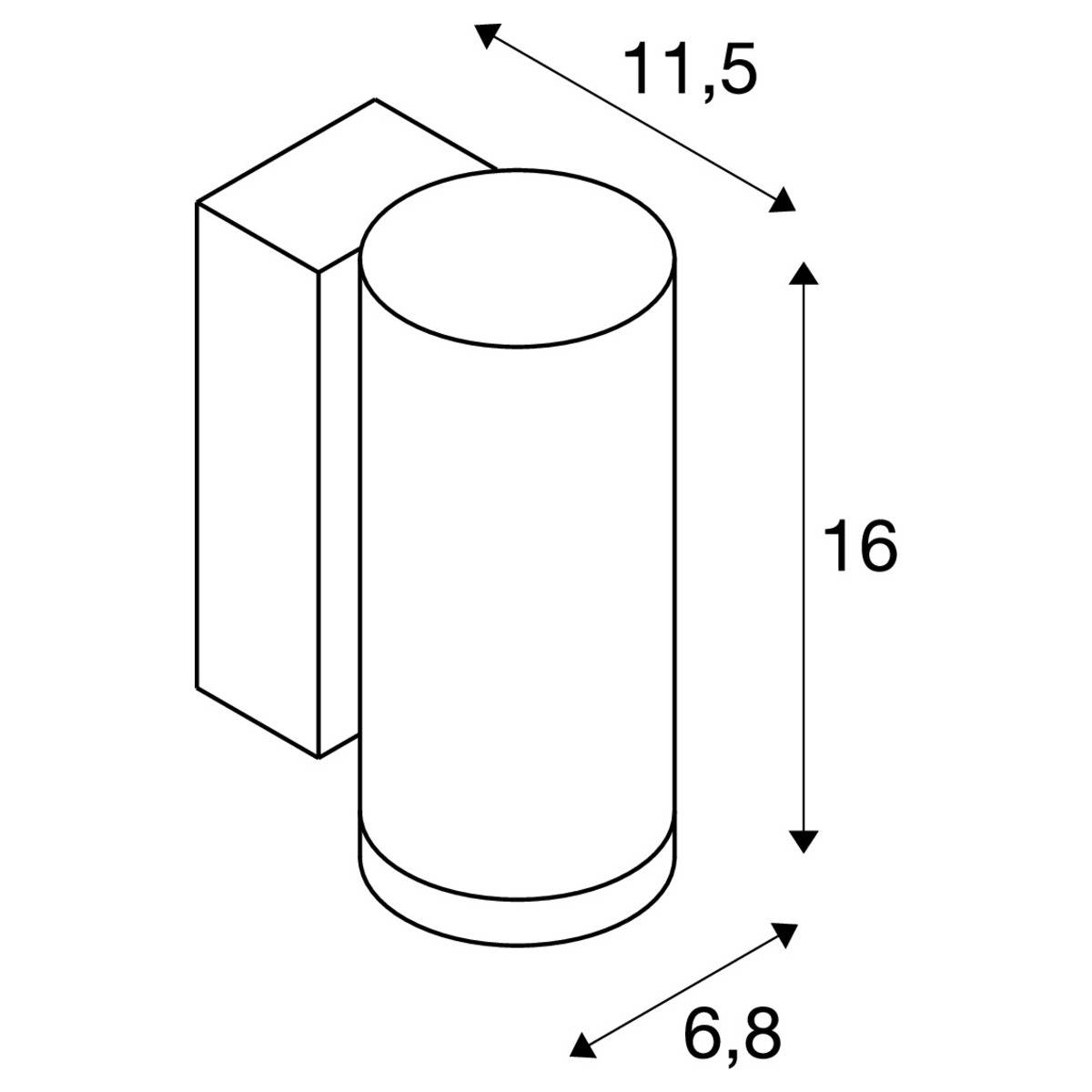 Zylindrische Wandleuchte mit rechteckiger Basis, Maße: 11,5 cm Tiefe, 16 cm Höhe, 6,8 cm Breite.
