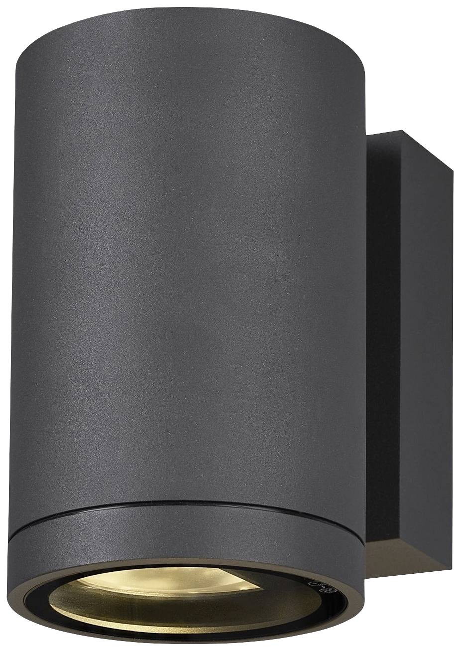 Schwarze, zylindrische Außenwandleuchte mit nach unten gerichtetem Lichtstrahl. Modernes, schlichtes Design für Außenbeleuchtung.