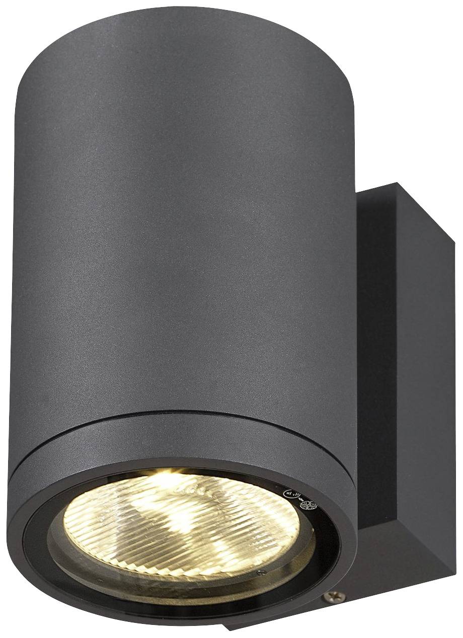 Eine schwarze, zylindrische Außenleuchte mit unten sichtbarem LED-Lichtstrahl, an einer Wandhalterung montiert.