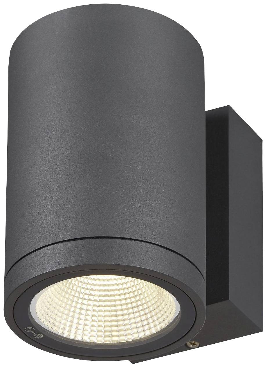 Eine schwarze zylindrische Außenleuchte mit LED-Licht, die nach unten leuchtet.