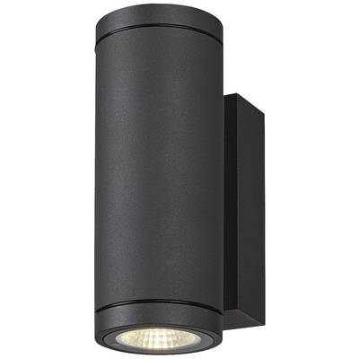 Schwarze Außenwandleuchte mit zylindrischem Design, die Licht nach unten strahlt. Ideal für moderne Fassadenbeleuchtung.