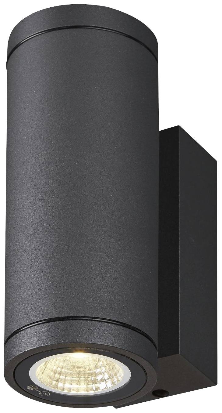 Moderne, schwarze zylindrische Außenwandleuchte mit LED-Licht, das nach unten zeigt. Ideal für die Beleuchtung von Außenbereichen.