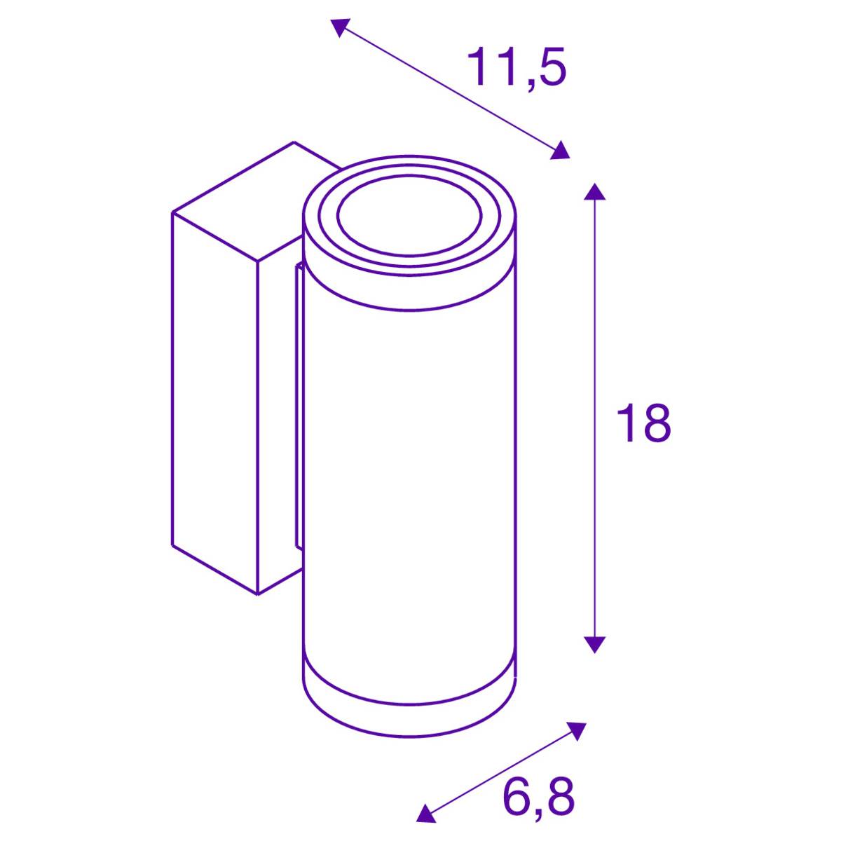 Eine technische Zeichnung zeigt einen zylindrischen Gegenstand mit den Maßen 11,5 cm, 18 cm, und 6,8 cm.