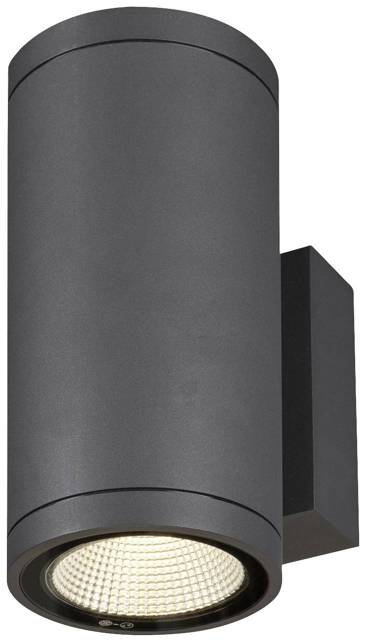 Eine moderne, schwarze Außenwandleuchte in zylindrischer Form mit warmweißem Licht, geeignet für Außenbereiche.